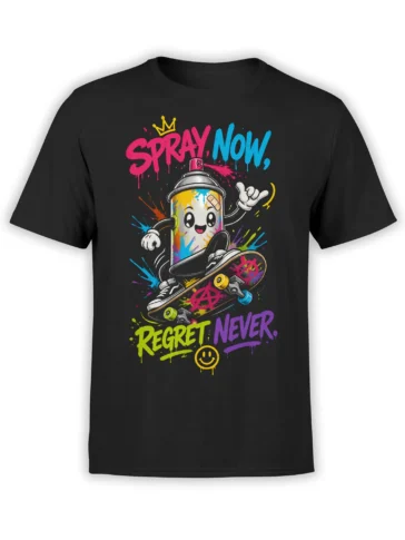 Colorful spray-paint character riding a skateboard on a black graffiti graphic T-shirt