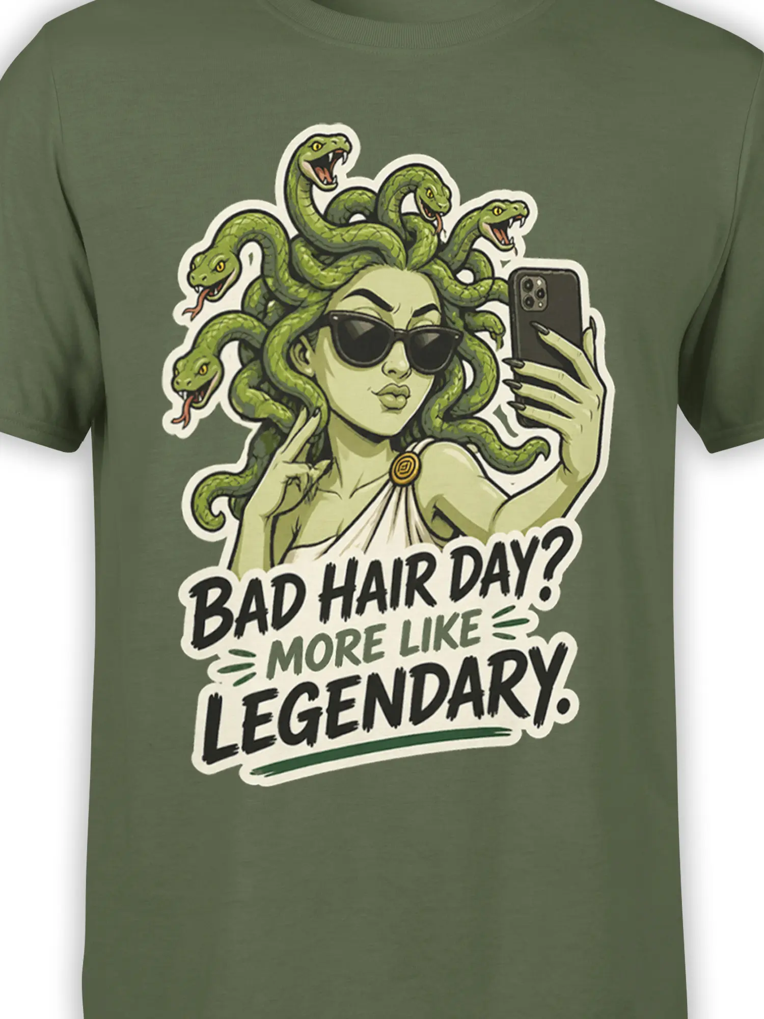 Close-up of gorgon woman in sunglasses with green snake hair and bad hair day lettering on a green T-shirt