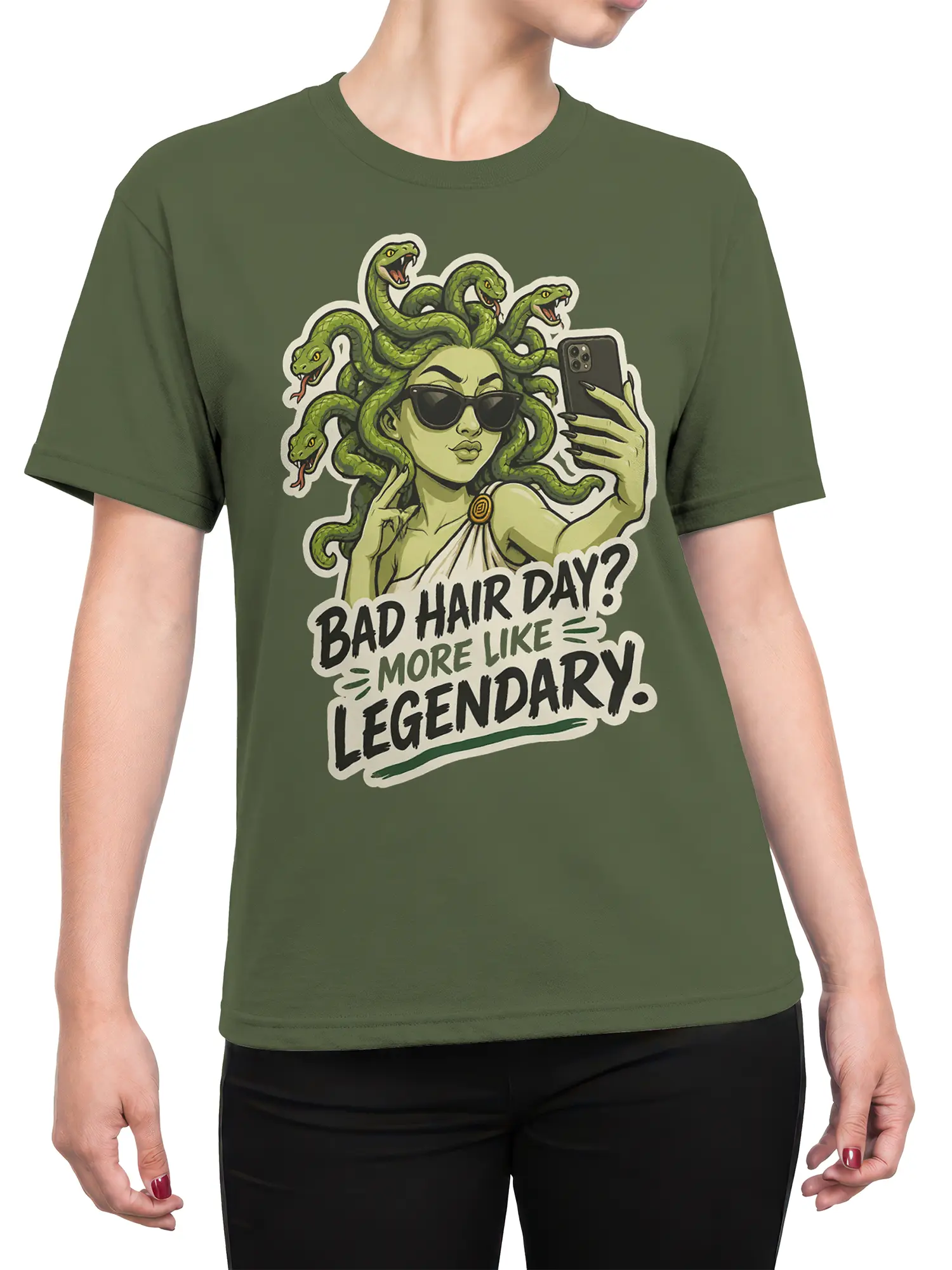 Female torso wearing a green gorgon graphic tee with sunglasses, snake hair, smartphone, and legendary bad hair day text