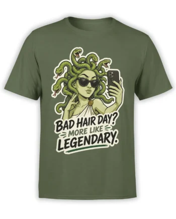 Green T-shirt with a sunglasses-wearing gorgon woman, snake hair, smartphone, and bold bad hair day lettering