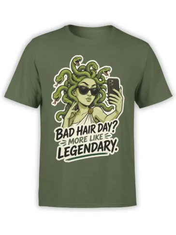 Green T-shirt with a sunglasses-wearing gorgon woman, snake hair, smartphone, and bold bad hair day lettering