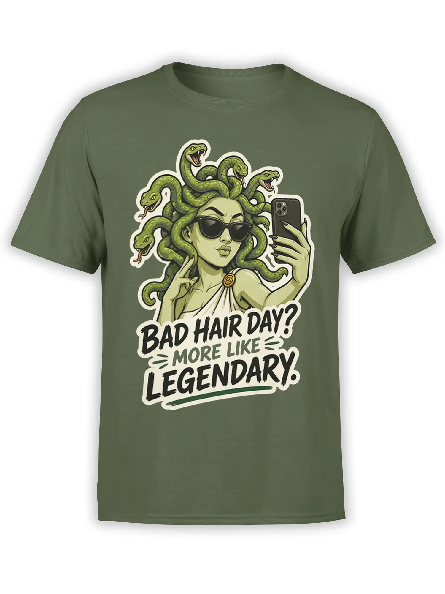 Green T-shirt with a sunglasses-wearing gorgon woman, snake hair, smartphone, and bold bad hair day lettering