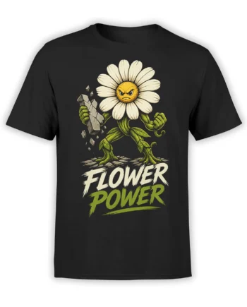 Angry daisy flower power design with green limbs and bold lettering on a black T-shirt