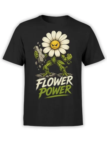 Angry daisy flower power design with green limbs and bold lettering on a black T-shirt