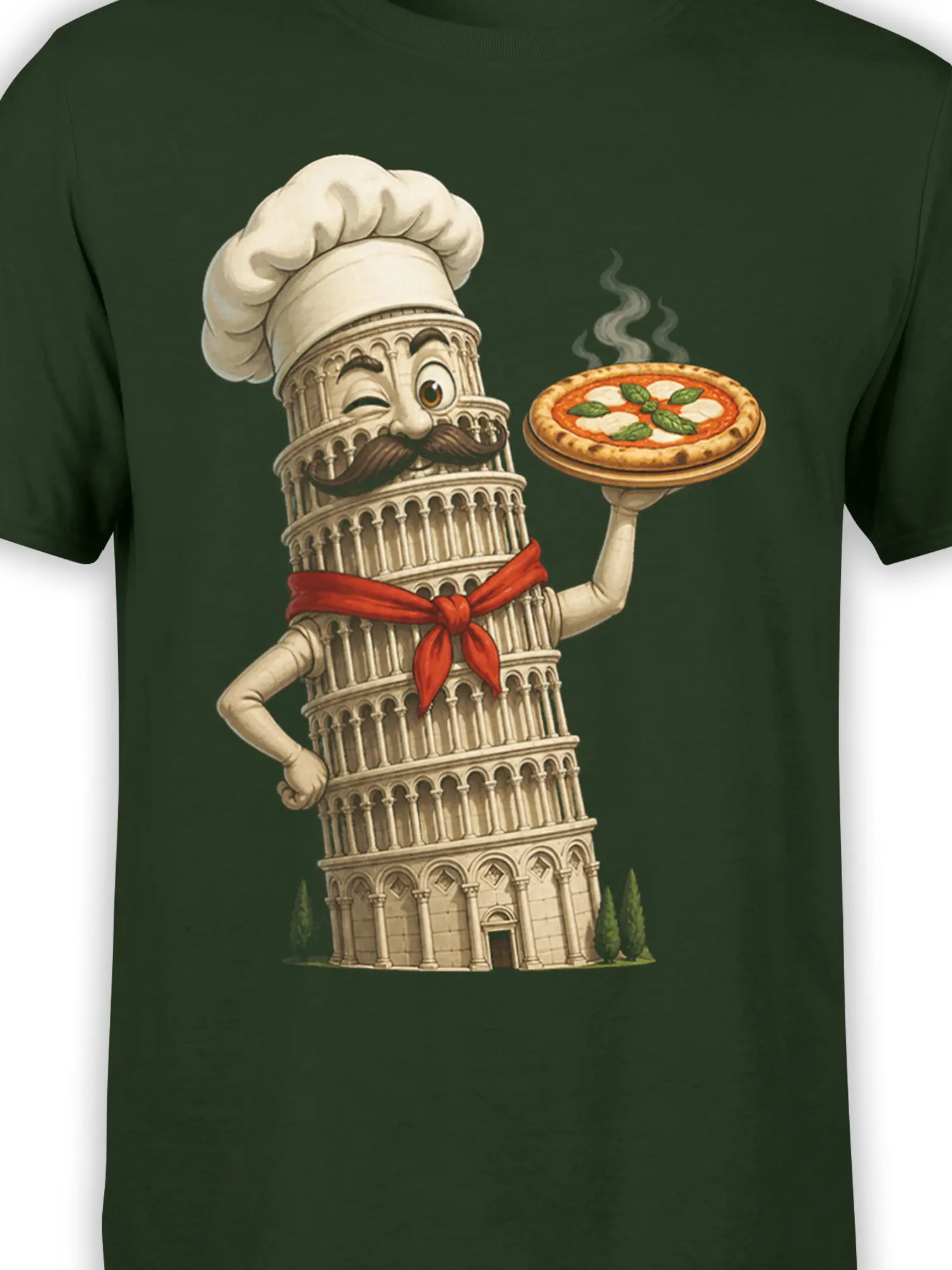 Close-up of the dark green shirt design showing a mustached tower chef with pizza and rising steam