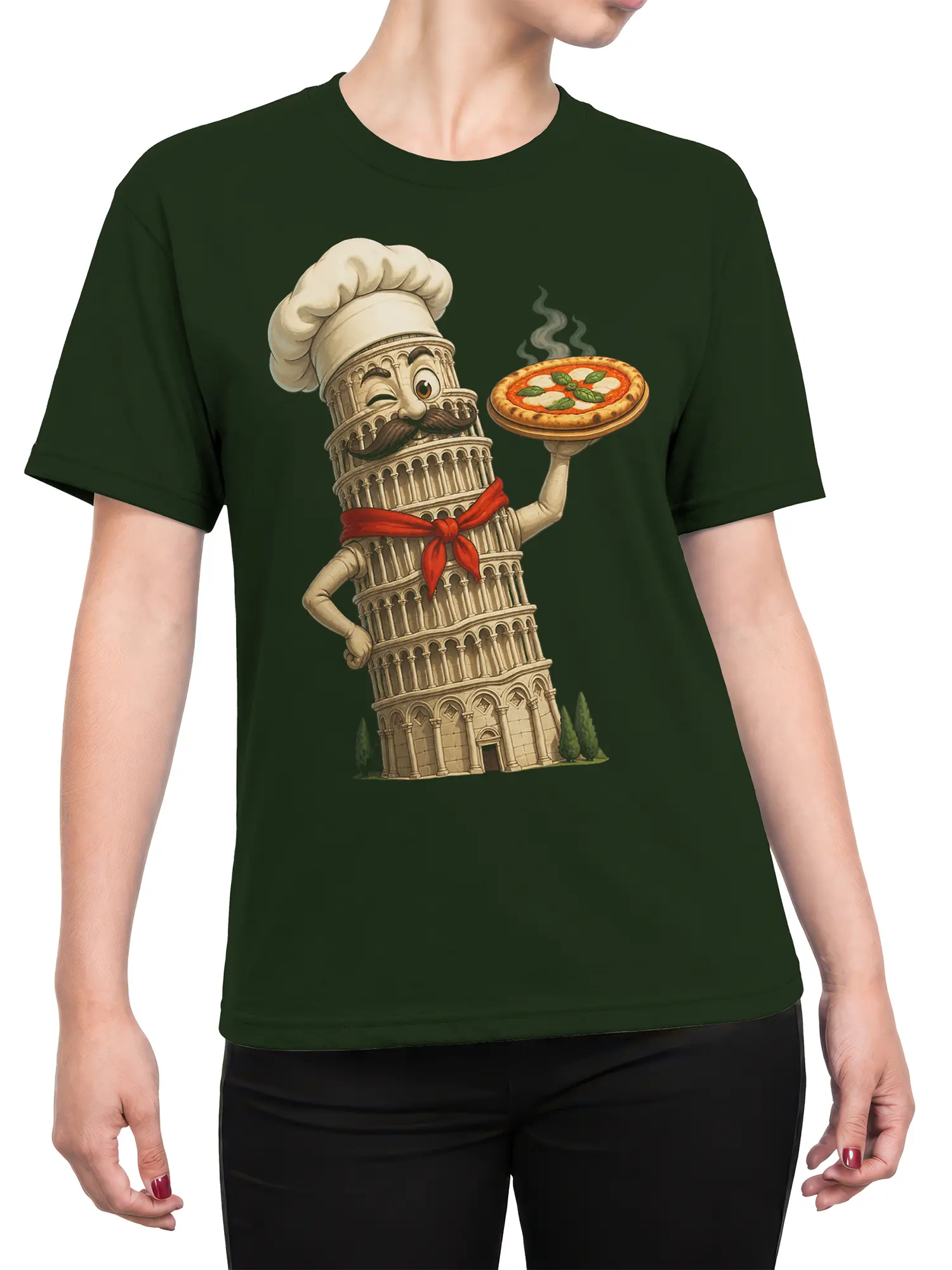Female torso wearing a dark green T-shirt with a leaning tower chef serving pizza