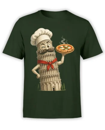 Dark green chef T-shirt with a winking leaning tower character serving a steaming pizza