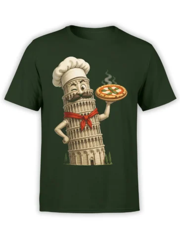 Dark green chef T-shirt with a winking leaning tower character serving a steaming pizza