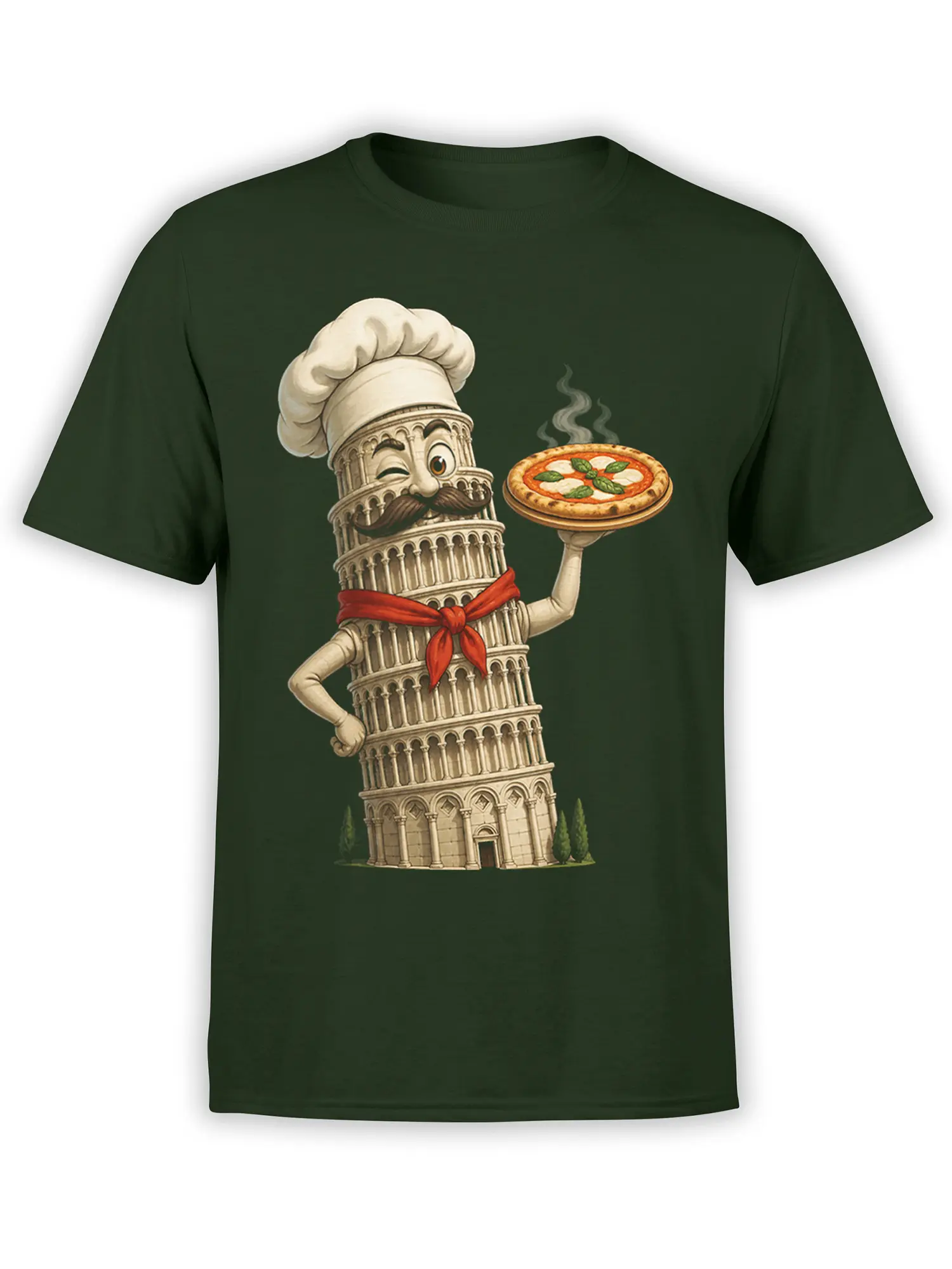Dark green chef T-shirt with a winking leaning tower character serving a steaming pizza