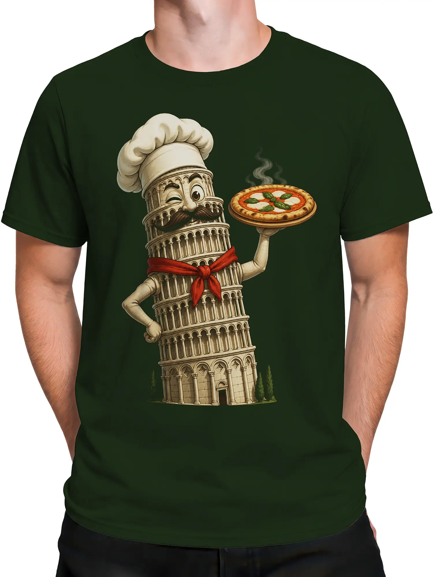 Male torso wearing a dark green T-shirt with a vintage tower chef pizza design