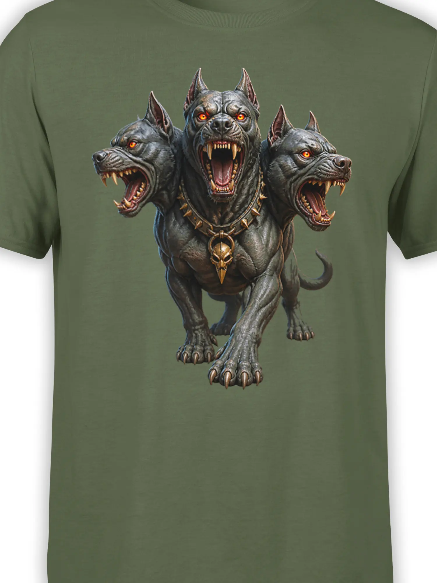 Close-up of three-headed dog artwork with glowing eyes, fangs, and skull collar on a green shirt