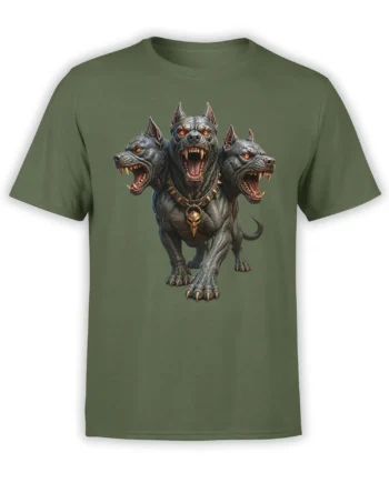 Three-headed snarling dog graphic with glowing eyes and skull collar on a green T-shirt