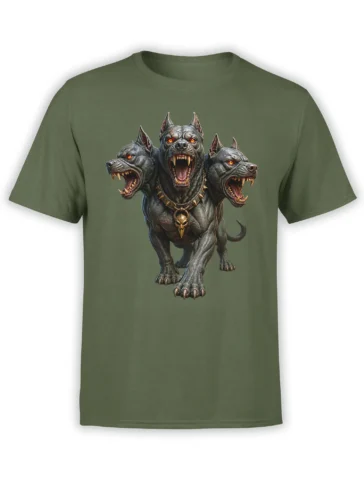 Three-headed snarling dog graphic with glowing eyes and skull collar on a green T-shirt