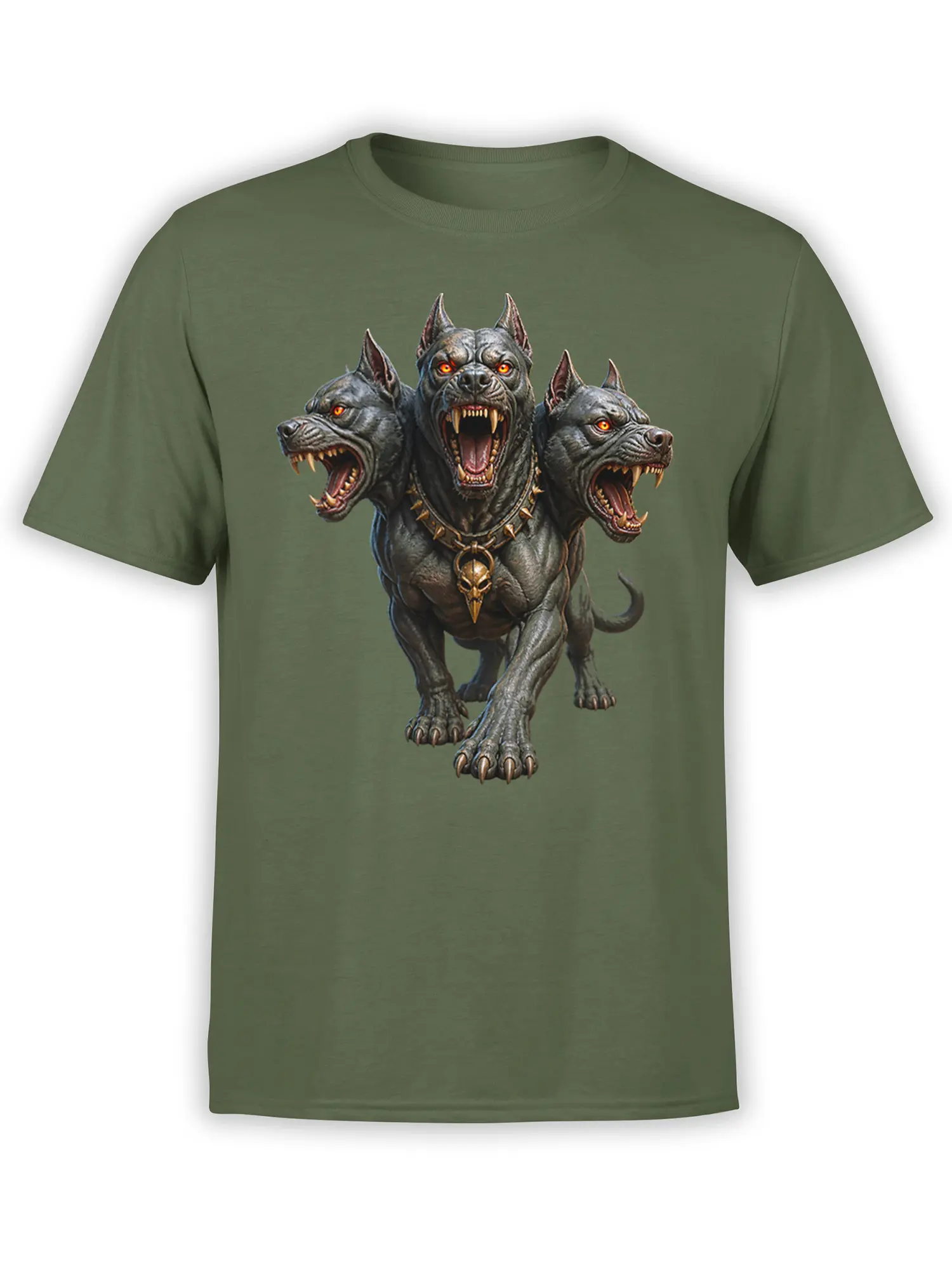 Three-headed snarling dog graphic with glowing eyes and skull collar on a green T-shirt