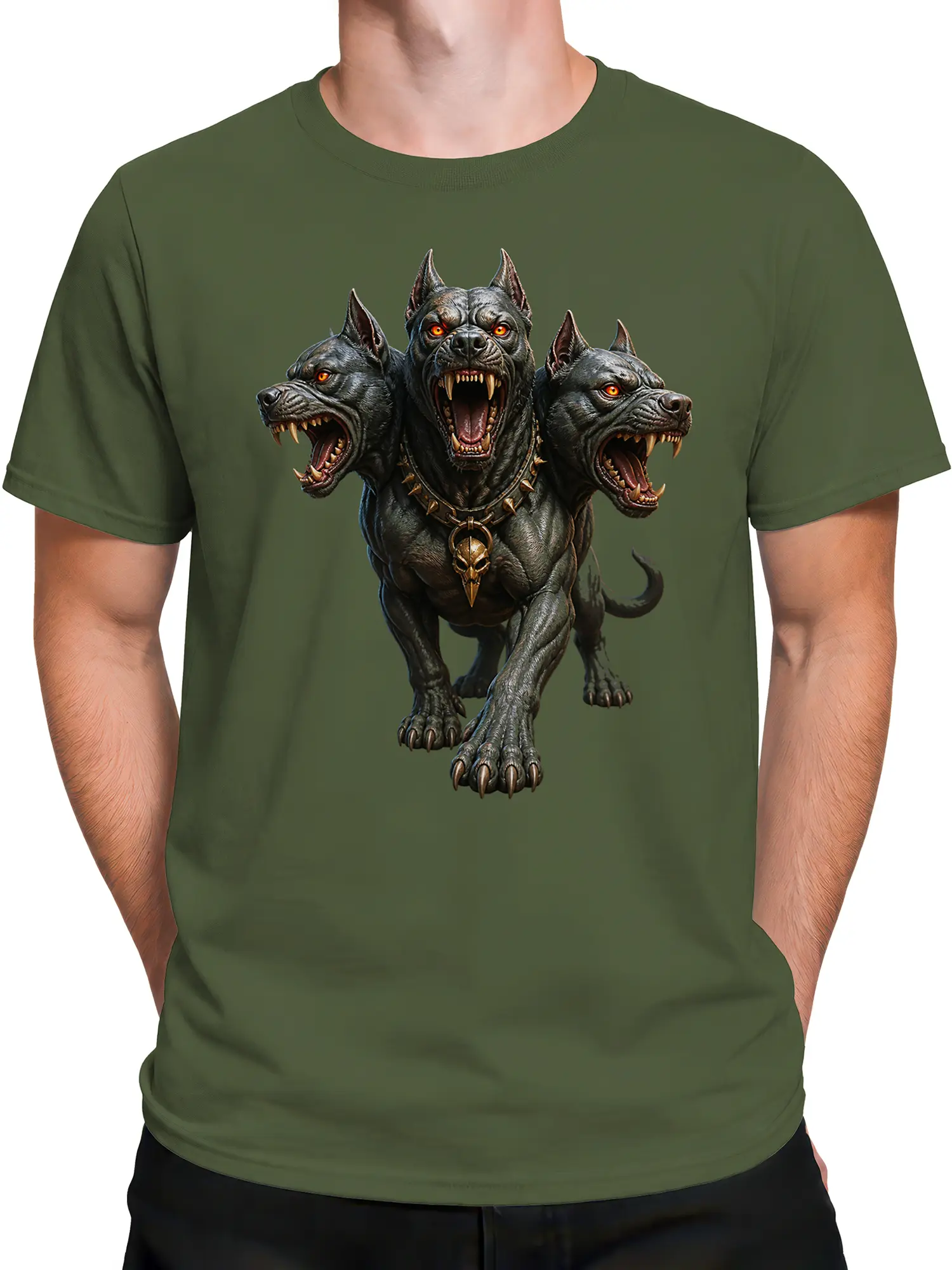 Male torso wearing a green T-shirt with a snarling three-headed dog graphic