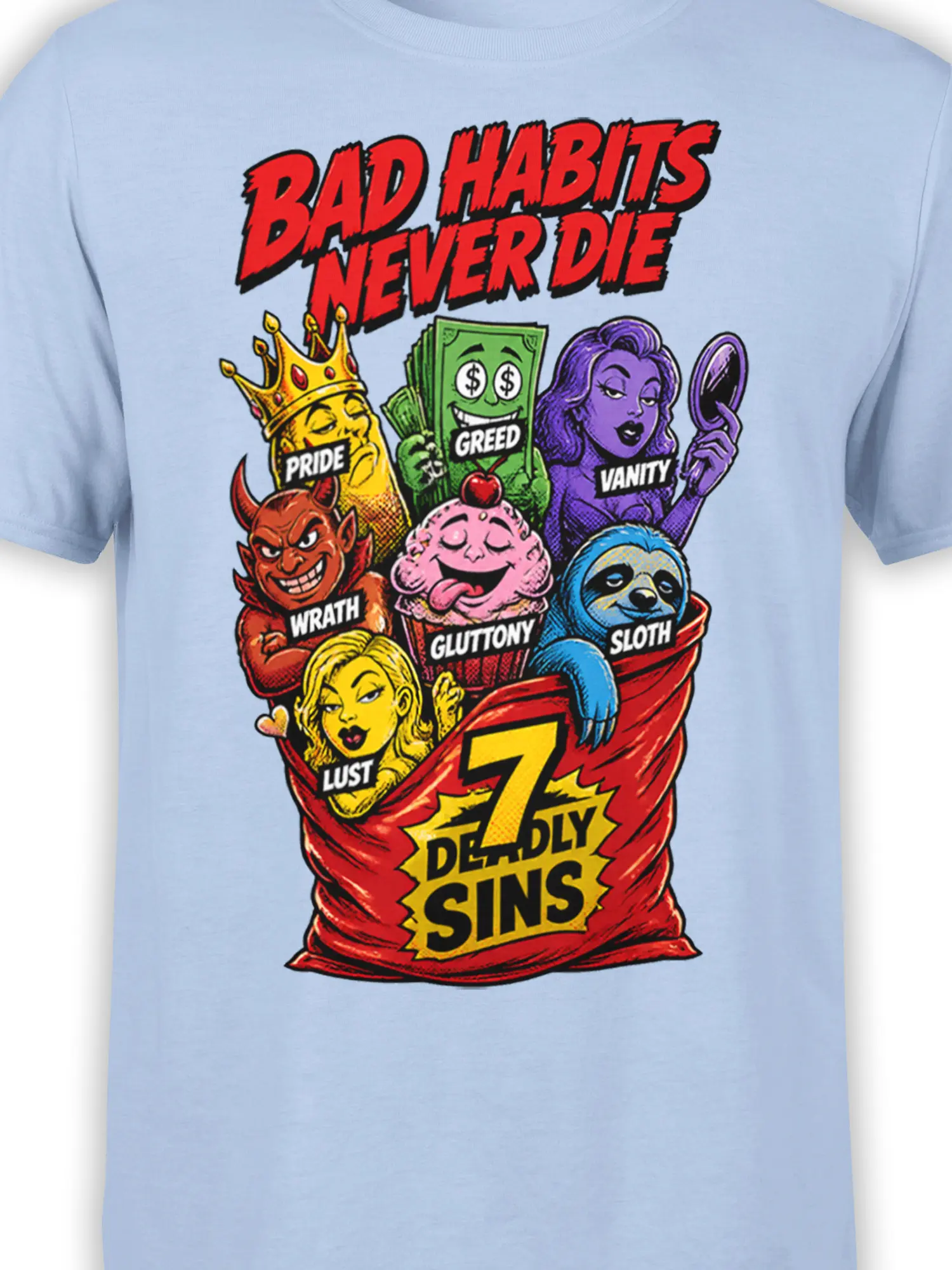 Close-up of seven deadly sins characters and colorful comic artwork printed on a light blue T-shirt