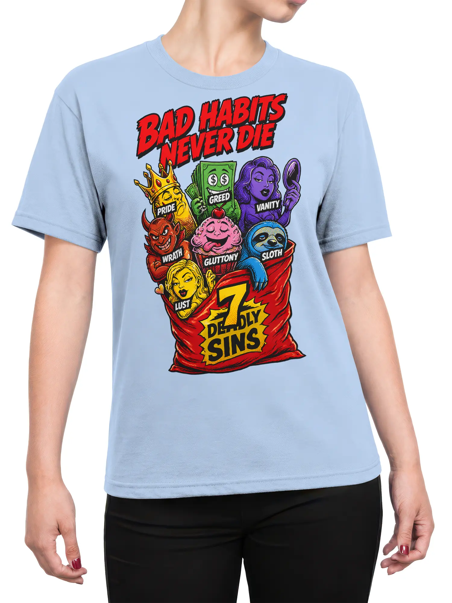 Female model wearing a light blue seven deadly sins graphic T-shirt with colorful vintage-style artwork