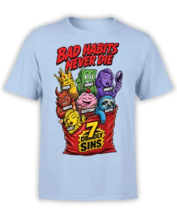 Seven deadly sins graphic with colorful labeled characters and bold lettering on a light blue T-shirt