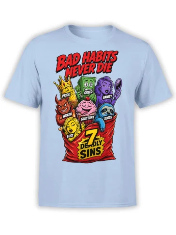 Seven deadly sins graphic with colorful labeled characters and bold lettering on a light blue T-shirt