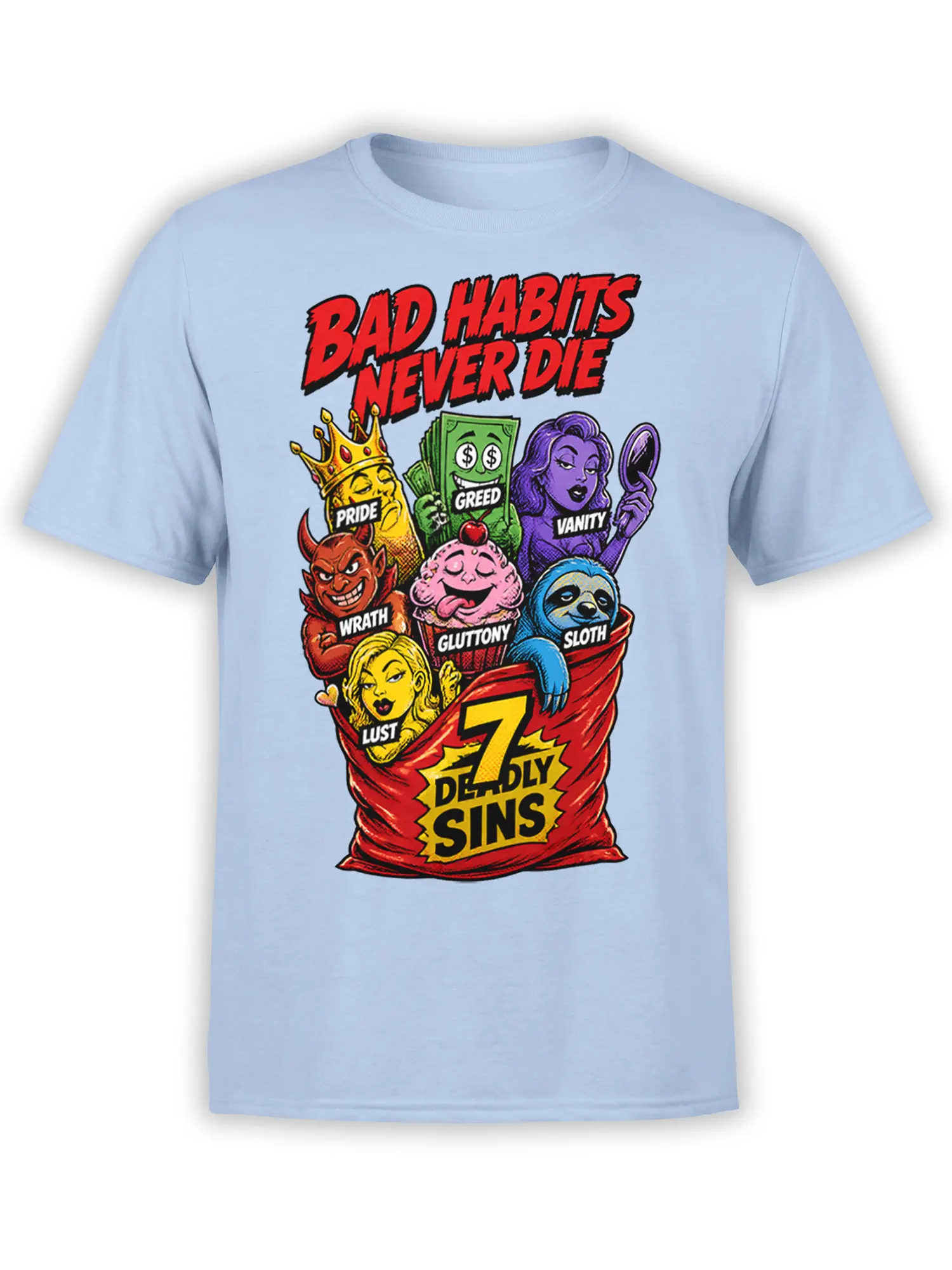 Seven deadly sins graphic with colorful labeled characters and bold lettering on a light blue T-shirt