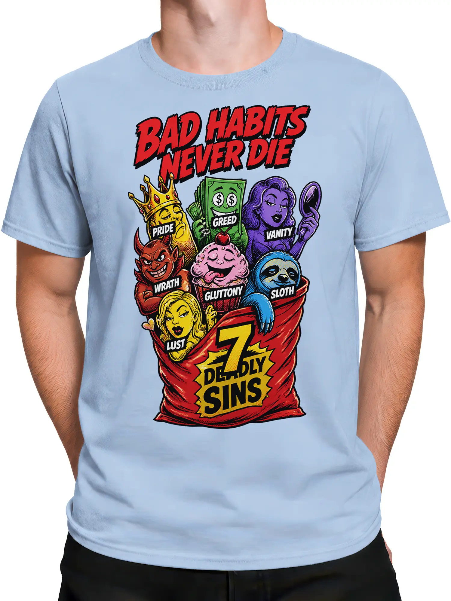 Male model wearing a light blue seven deadly sins graphic T-shirt with bold comic-style artwork