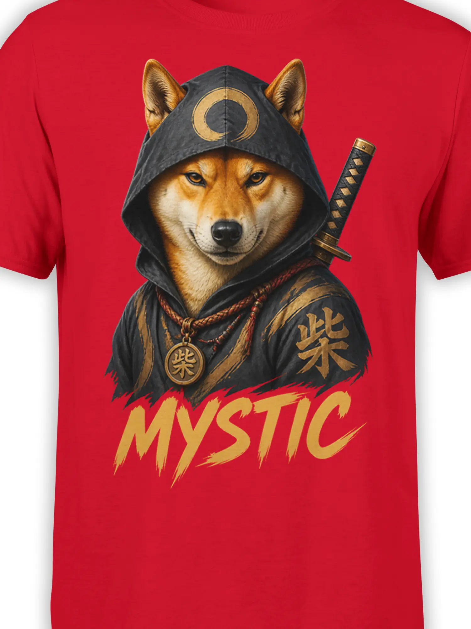 Close-up of the hooded fox warrior, gold details, sword, and MYSTIC artwork on a red T-shirt