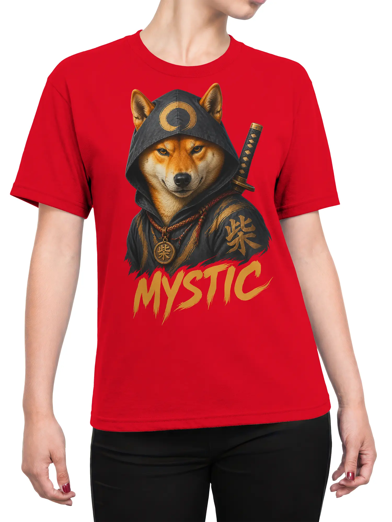Female torso wearing a red T-shirt with a hooded fox warrior and MYSTIC graphic design