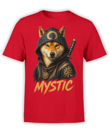 Hooded fox warrior with a sword and MYSTIC lettering on a red graphic T-shirt