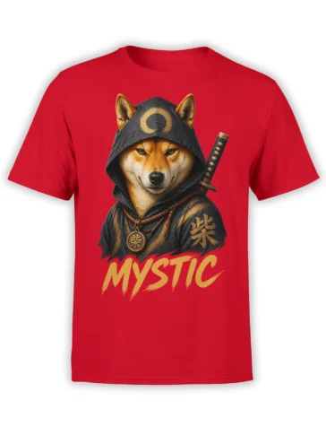 Hooded fox warrior with a sword and MYSTIC lettering on a red graphic T-shirt