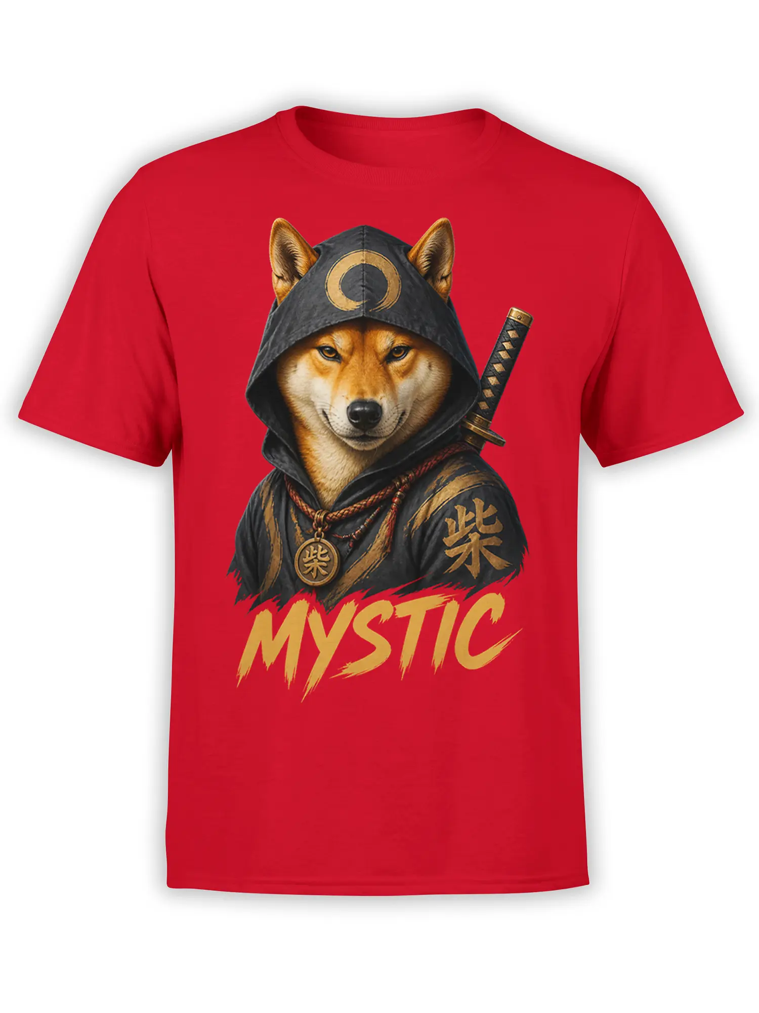 Hooded fox warrior with a sword and MYSTIC lettering on a red graphic T-shirt