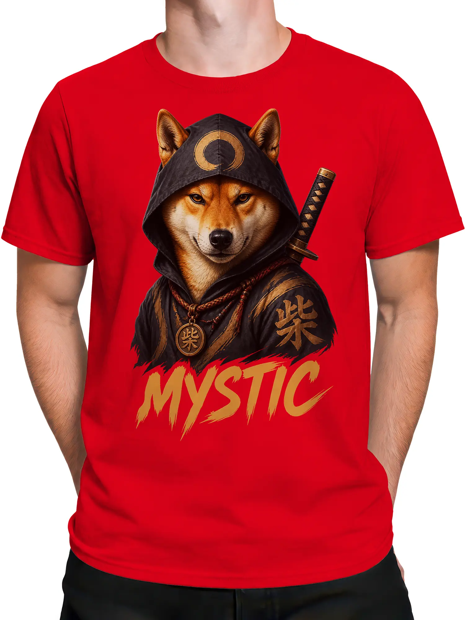 Male torso wearing a red T-shirt with a hooded fox warrior and MYSTIC graphic design