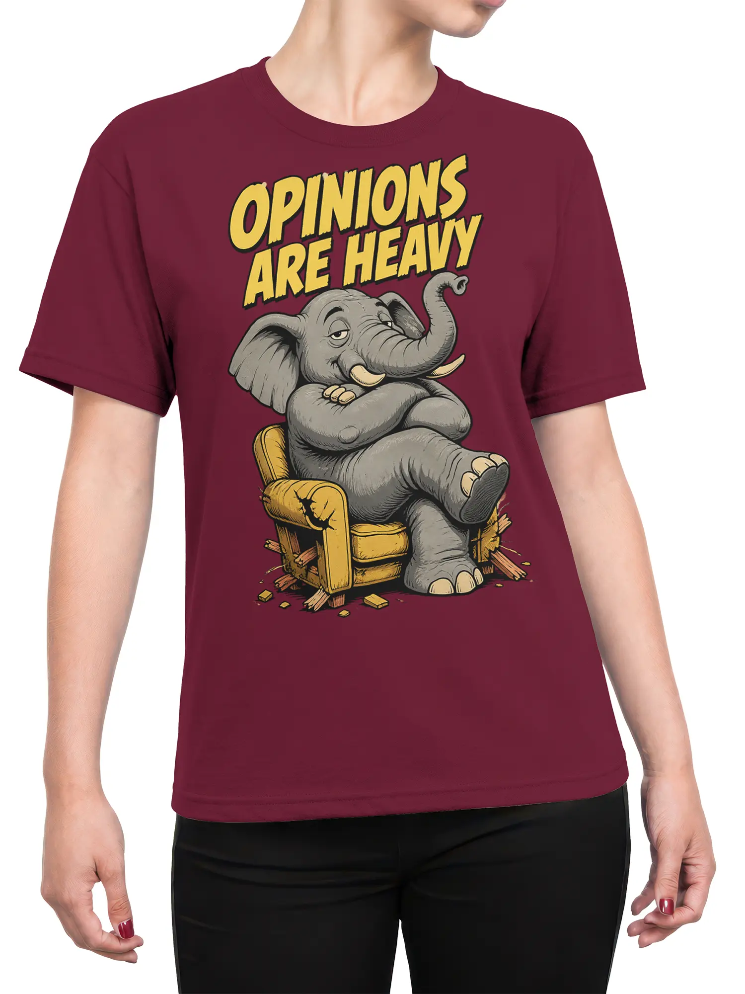 Female torso wearing a burgundy T-shirt with a lounging elephant and “Opinions Are Heavy” graphic