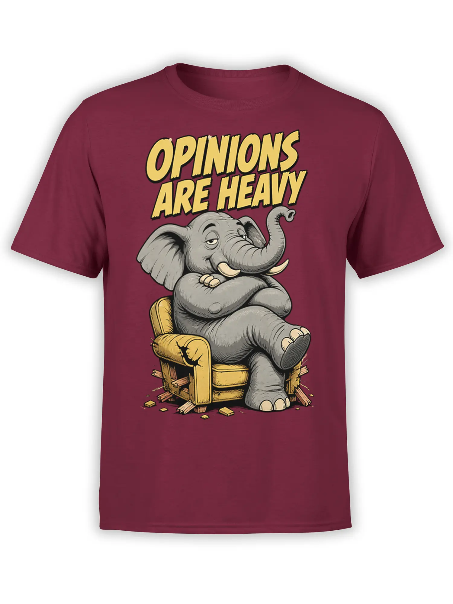 Gray elephant lounging in a broken golden chair with “Opinions Are Heavy” text on a burgundy T-shirt