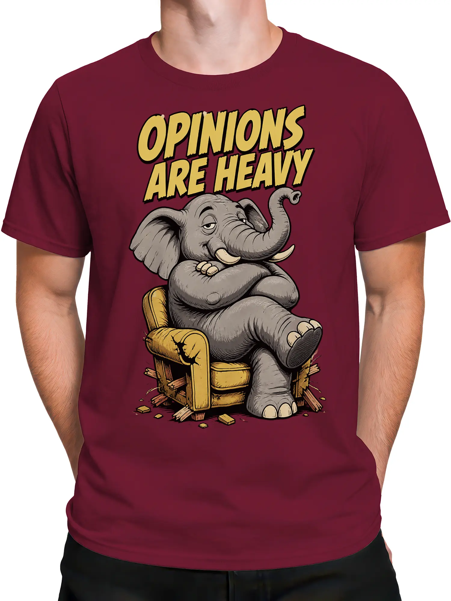 Male torso wearing a burgundy elephant graphic T-shirt with “Opinions Are Heavy” lettering