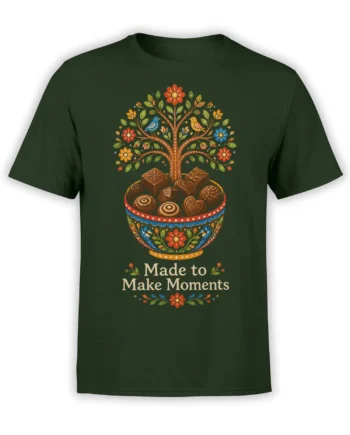 Green chocolate T-shirt with a folk-art candy bowl, flowering tree, birds, and Made to Make Moments design