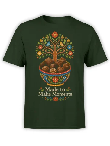 Green chocolate T-shirt with a folk-art candy bowl, flowering tree, birds, and Made to Make Moments design