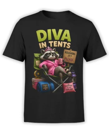 Black camping T-shirt with a pink-robed raccoon, tiara, and bold Diva in Tents artwork