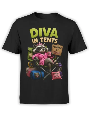 Black camping T-shirt with a pink-robed raccoon, tiara, and bold Diva in Tents artwork