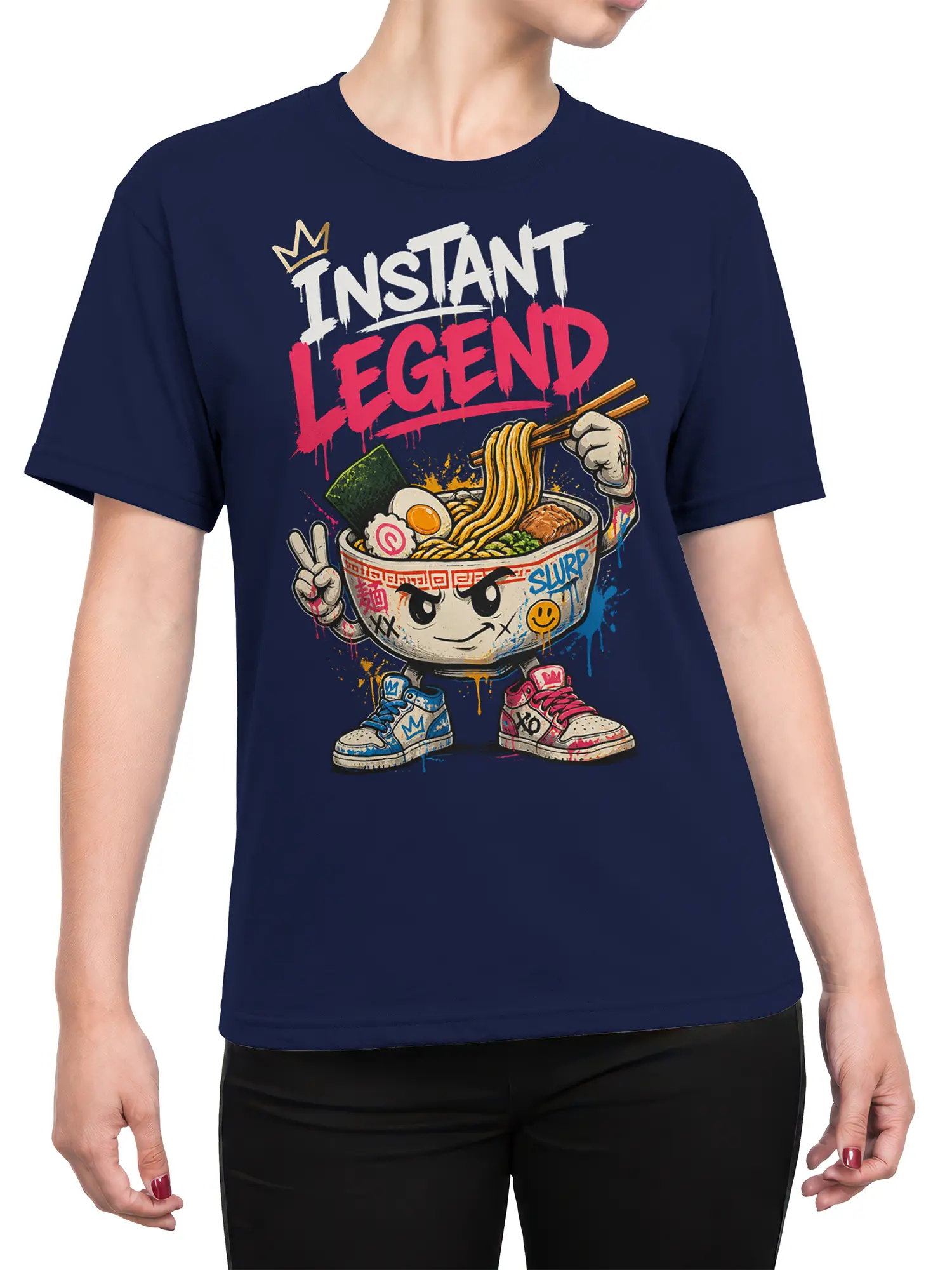 Female torso wearing a navy T-shirt with a crowned ramen bowl, chopsticks, sneakers, and INSTANT LEGEND design