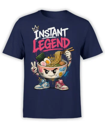 Crowned ramen bowl character with chopsticks and sneakers on a navy INSTANT LEGEND T-shirt