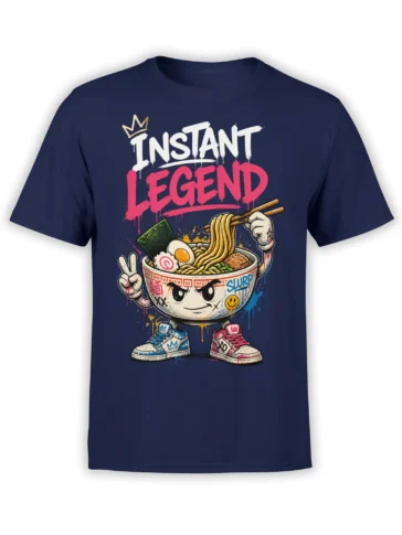 Crowned ramen bowl character with chopsticks and sneakers on a navy INSTANT LEGEND T-shirt