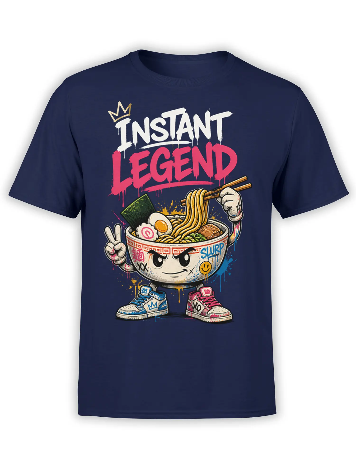 Crowned ramen bowl character with chopsticks and sneakers on a navy INSTANT LEGEND T-shirt