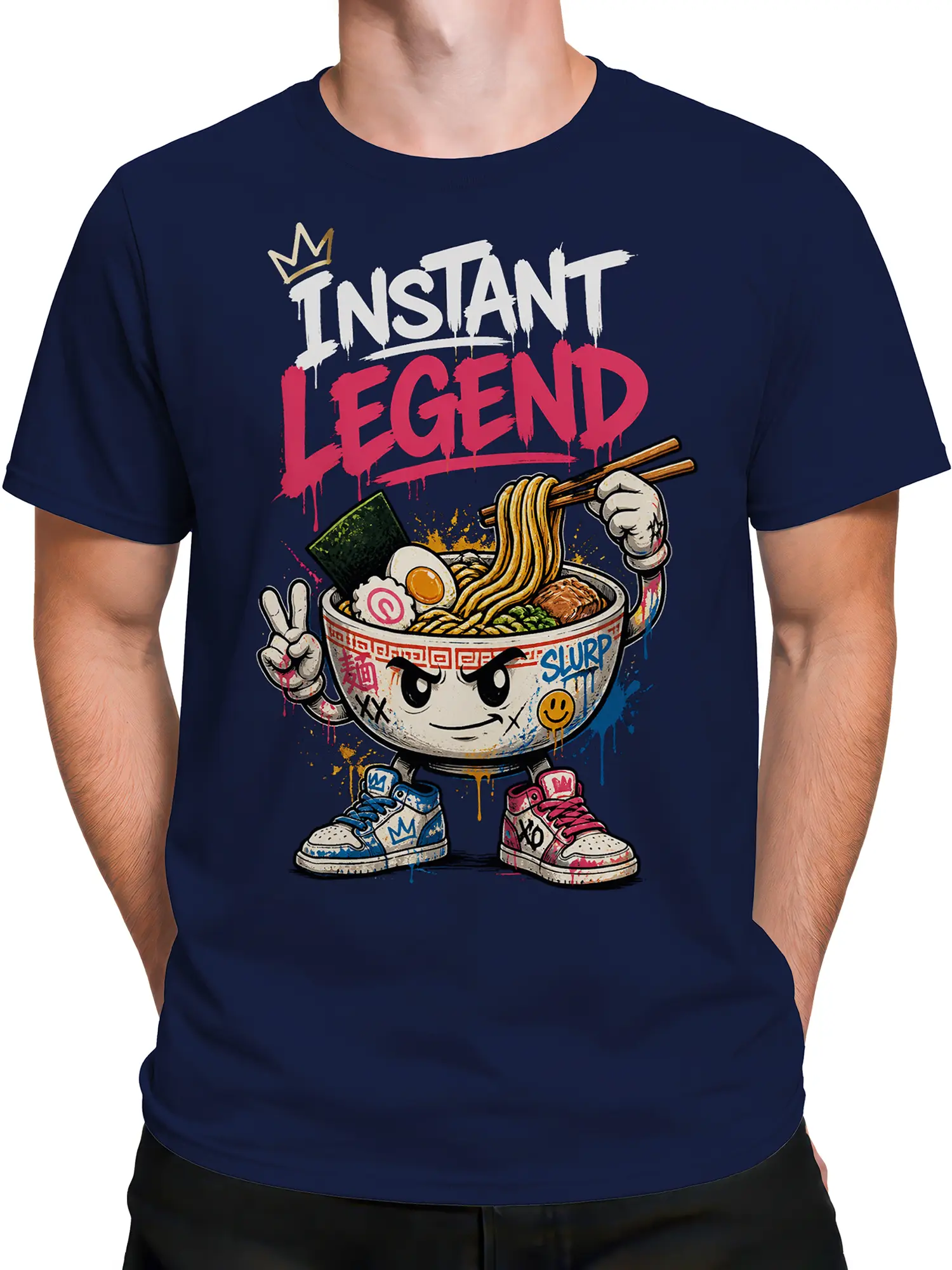 Male torso wearing a navy ramen graphic tee with crowned bowl character and INSTANT LEGEND artwork