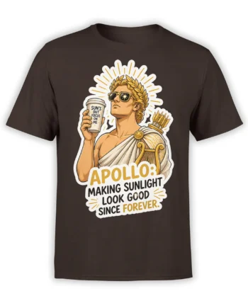 Brown Apollo mythology T-shirt with sunglasses, laurel wreath, coffee cup, golden rays, and bold lettering