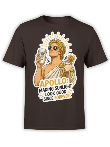 Brown Apollo mythology T-shirt with sunglasses, laurel wreath, coffee cup, golden rays, and bold lettering