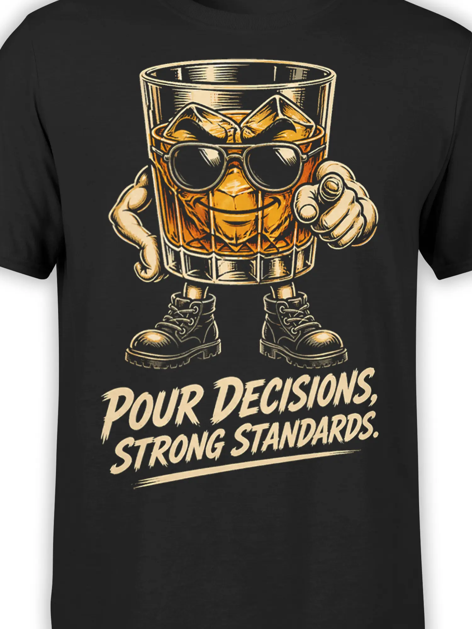 Close-up of the black drink graphic tee showing sunglasses, ice cubes, orange artwork, and strong standards lettering