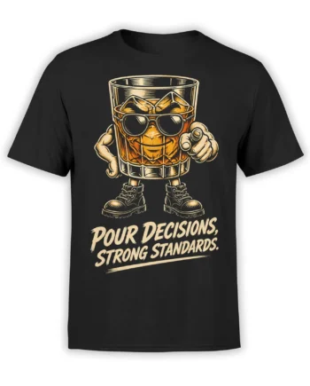 Black T-shirt with a sunglasses-wearing drink glass, ice cubes, boots, and bold “Pour Decisions” lettering