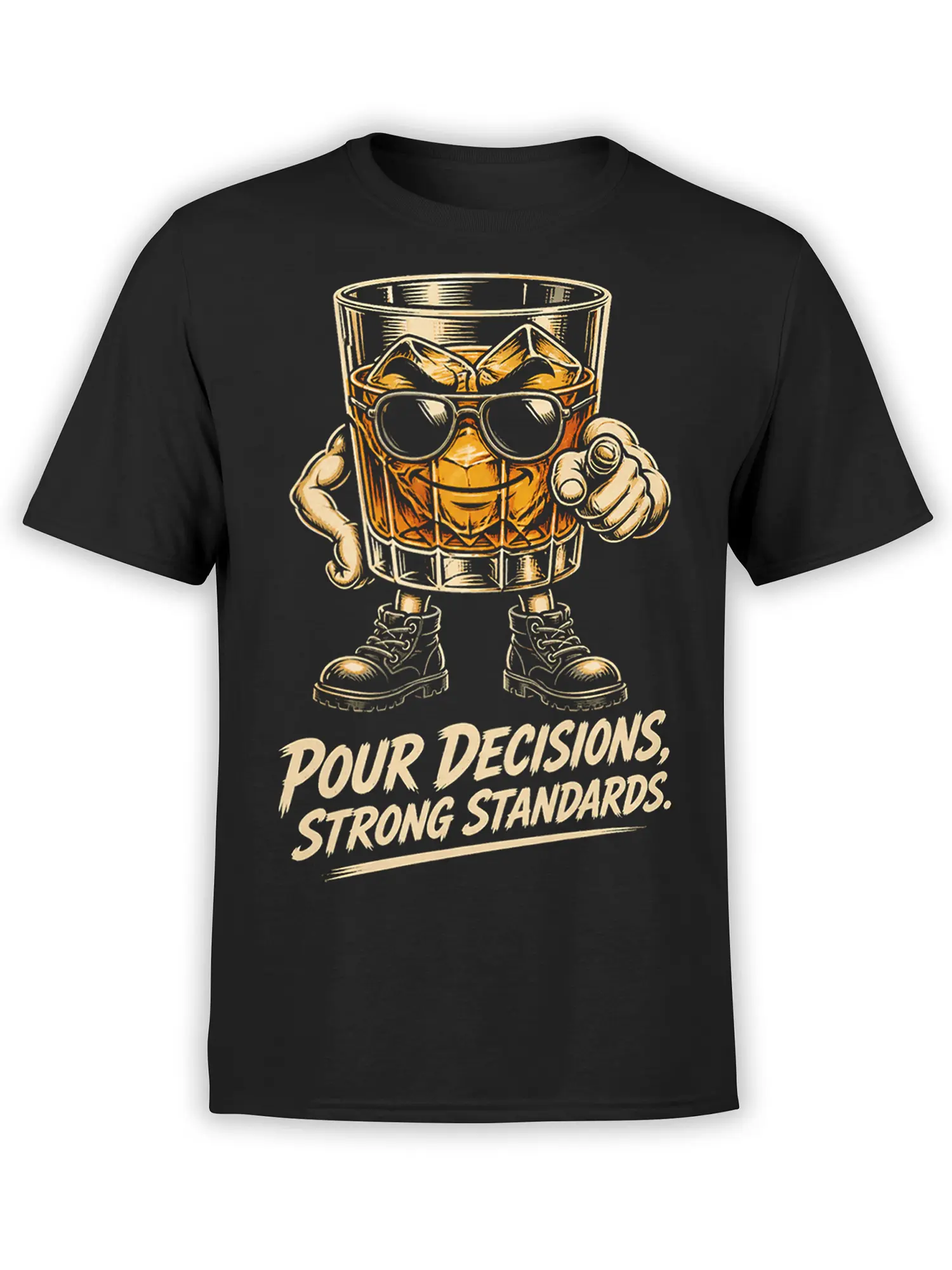 Black T-shirt with a sunglasses-wearing drink glass, ice cubes, boots, and bold “Pour Decisions” lettering