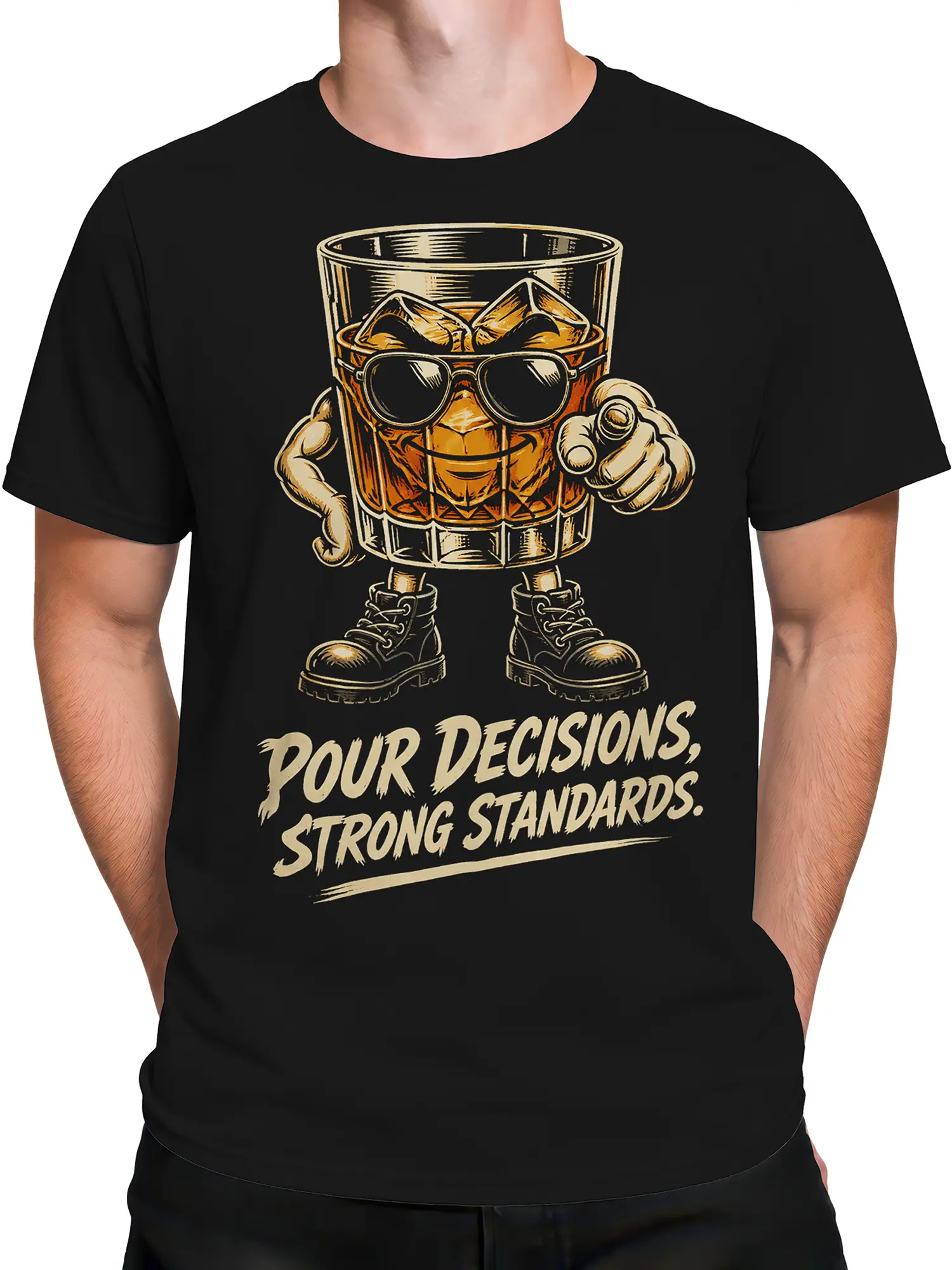 Male torso wearing a black graphic tee with a sunglasses-wearing drink glass and strong standards message
