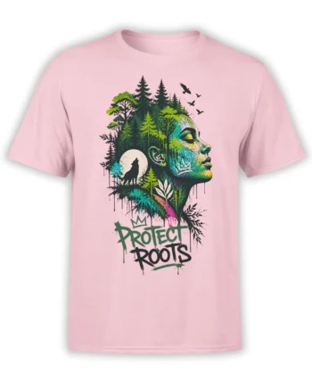Pink Protect Roots T-shirt with a colorful forest profile, wolf, moon, evergreen trees, and flying birds